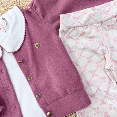 Conj. Casaco Soft, Blusa com Gola Bordada e Calça Legging Ursinhos - Uva e Areia